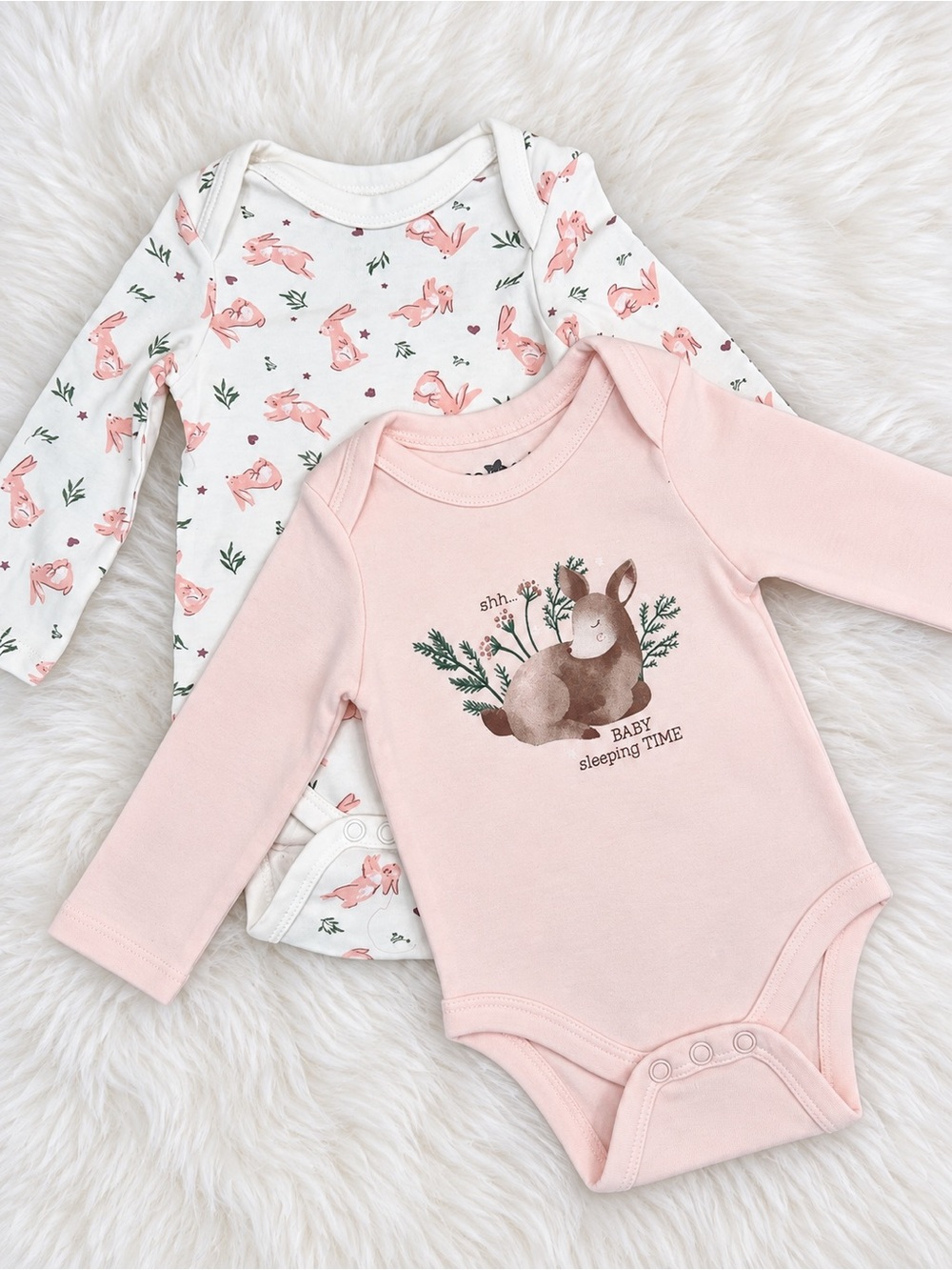 Soft Pink & White Long-Sleeve Baby One-Piece Bodysuit Set